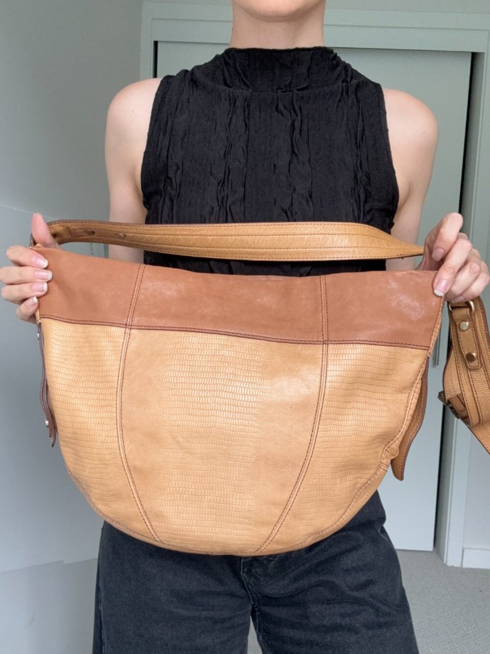 BCBGMaxAzria Tan Leather Slouchy Crossbody Croc Bag